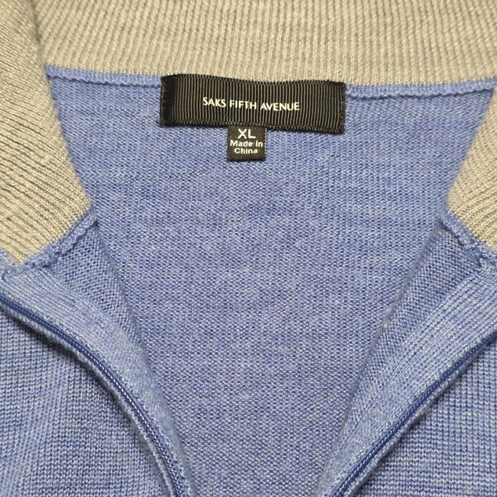 Saks Fifth Avenue Merino Wool Blend Mock Neck 1/4 Zip Blue Sweater Men's Size XL - Picture 3 of 4